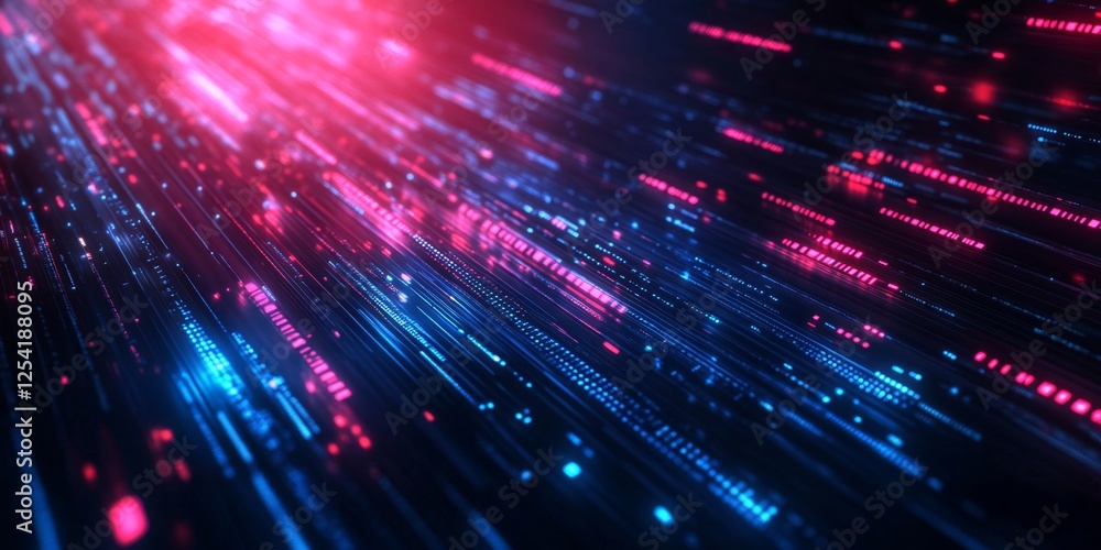 Fototapeta premium Digital data streams flow, glowing pink blue, dark background, tech website banner