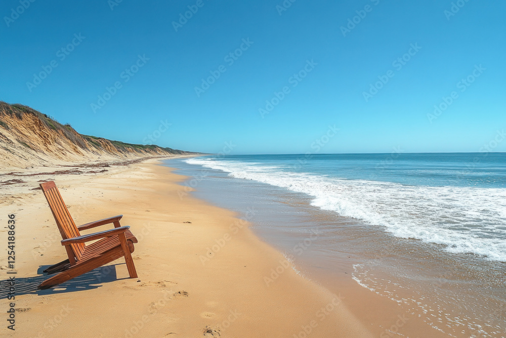 Wooden chair on beach near ocean, serene and lonely, with gentle waves breaking in the background. Wooden chair on beach near ocean, serene and lonely, with gentle waves breaking in the background.