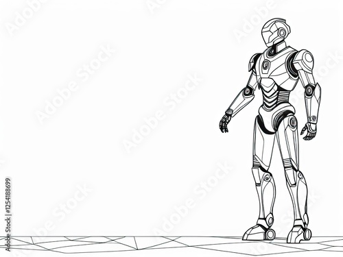 Futuristic robot line art with copy space, perfect for coloring, tech concepts photo