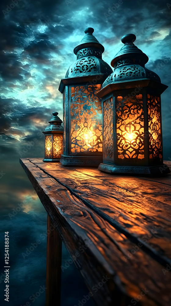 Fototapeta premium Glowing Lanterns On Wooden Table At Dramatic Sunset