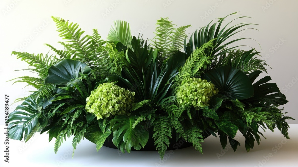 Tropical plant arrangement with layers of different leaf textures and shades of green. Tropical plant arrangement with layers of different leaf textures and shades of green.