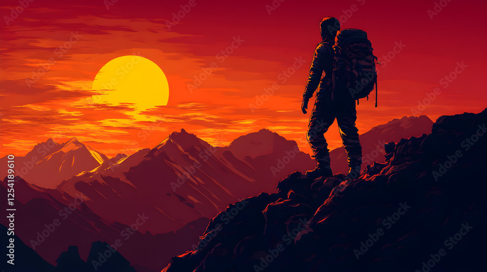 Silhouette Adventurer Trekking Majestic Mountain Range During Brilliant Sunset Silhouette Adventurer Trekking Majestic Mountain Range During Brilliant Sunset