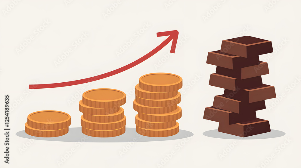 llustration of Economic Growth in the Chocolate Industry with Stacked Coins, Red Arrow, and Chocolate Bars llustration of Economic Growth in the Chocolate Industry with Stacked Coins, Red Arrow, and Chocolate Bars