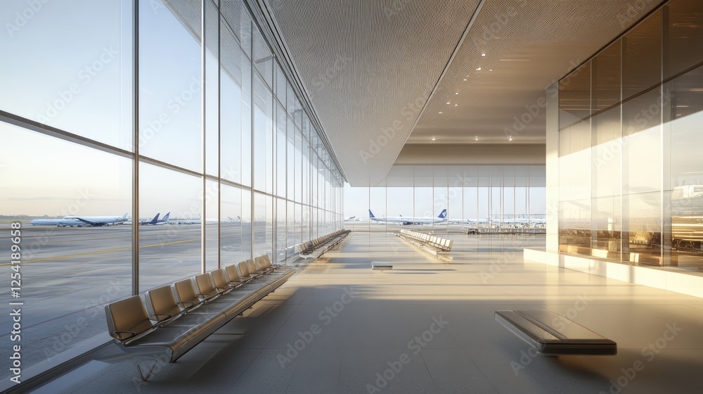 View from a glass-walled terminal waiting area overlooking the airport runway. View from a glass-walled terminal waiting area overlooking the airport runway.