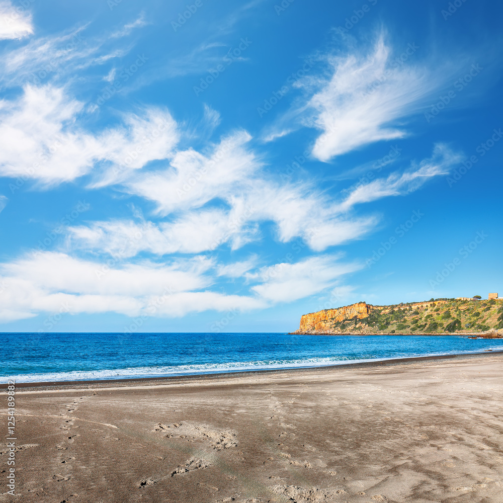 Amazing morning scene of Rais Gerbi cape and beach Torre Conca.