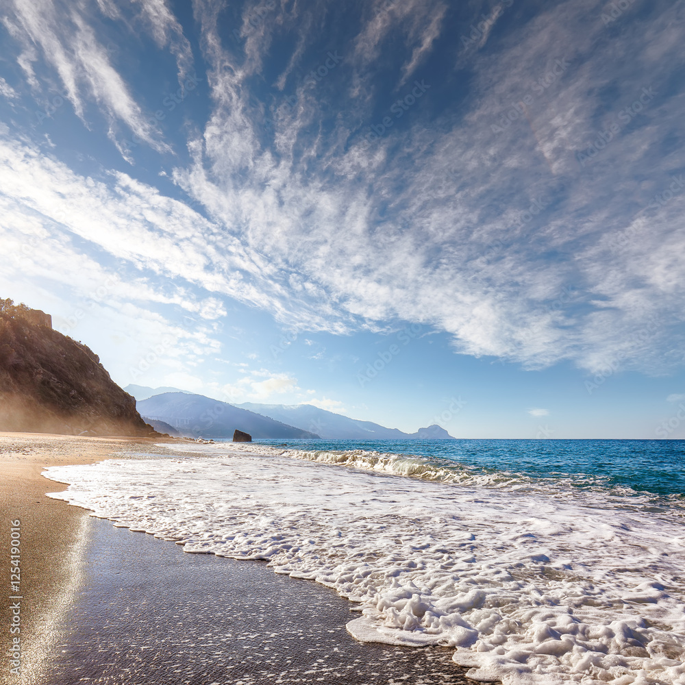 Amazing morning scene of Rais Gerbi cape and beach Torre Conca.
