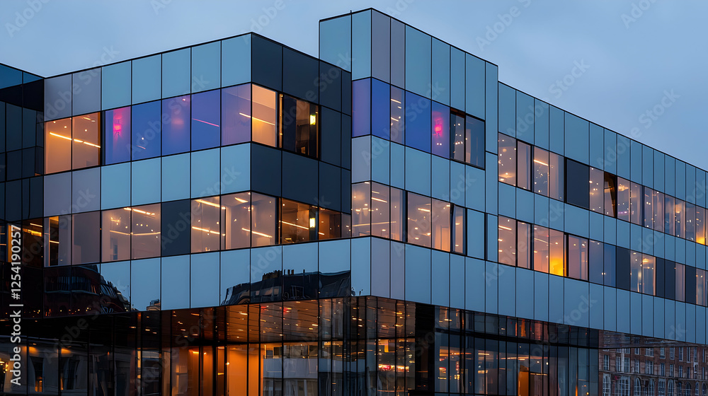 Fototapeta premium Modern glass office building at dusk, city reflection, urban backdrop, corporate use
