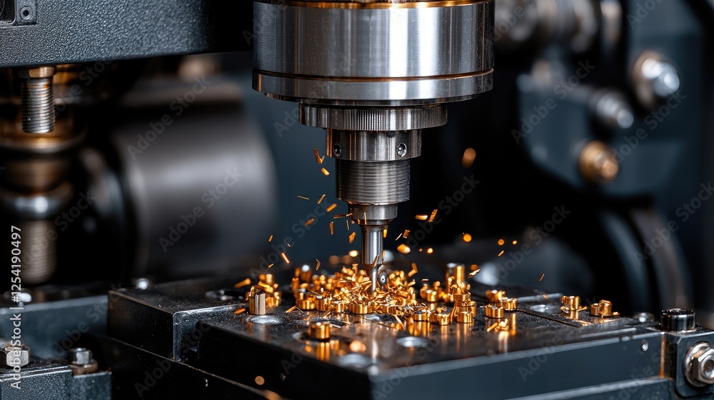 Precision CNC machining of metal parts. Industrial factory automation. Close-up view. Use Manufacturing Precision CNC machining of metal parts. Industrial factory automation. Close-up view. Use Manufacturing