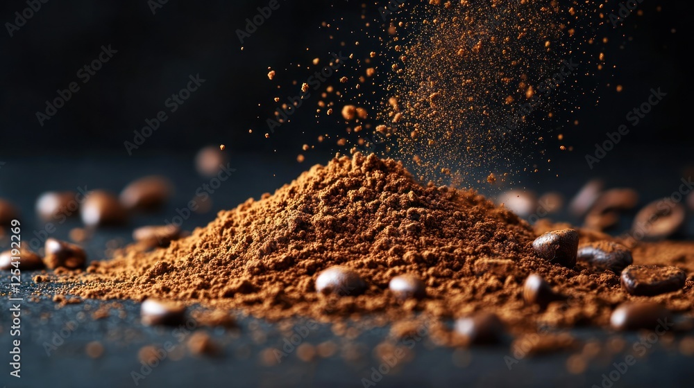Coffee powder explosion on dark surface Coffee powder explosion on dark surface