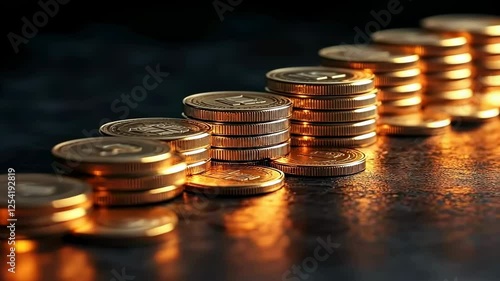 Wallpaper Mural Close-up of stacked gold coins on a dark surface, illuminated softly to highlight their shine and texture. Financial growth concept. Torontodigital.ca