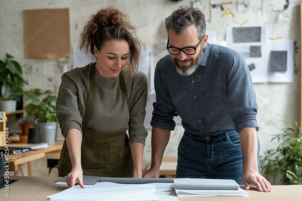 Fototapeta premium Two colleagues, an interior designer and her client, examining blueprints and fabric samples while working together on a new project in a bright, plant-filled studio