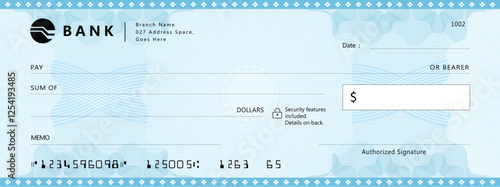 Blank bank check, checkbook cheque template with blue guilloche, vector mockup. Money payment bank check voucher or pay cash cheque certificate, account bill paycheck with guilloche pattern