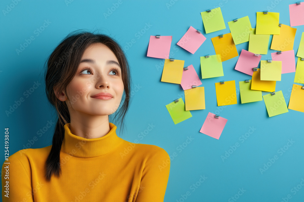 Young woman in a yellow turtleneck is looking up at colorful sticky notes attached to a blue wall, contemplating ideas and solutions during a brainstorming session Young woman in a yellow turtleneck is looking up at colorful sticky notes attached to a blue wall, contemplating ideas and solutions during a brainstorming session