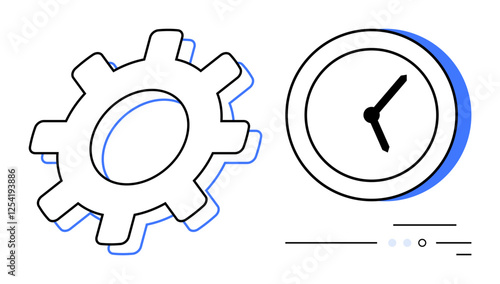 Gear and clock side by side. Ideal for productivity, time management, efficiency, workflow optimization, scheduling, process improvement, business planning. Line metaphor
