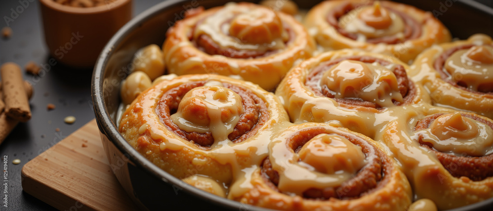 Warm cinnamon rolls drizzled with creamy icing in a rustic baking tray evoking comfort and indulgence, surrounded by a cozy kitchen atmosphere Warm cinnamon rolls drizzled with creamy icing in a rustic baking tray evoking comfort and indulgence, surrounded by a cozy kitchen atmosphere