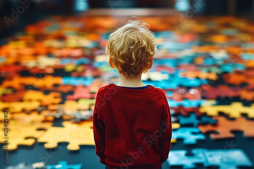 Toddler Concentrating on Colorful Jigsaw Puzzle: A Fun Educational Game World Autism Awareness Day photo