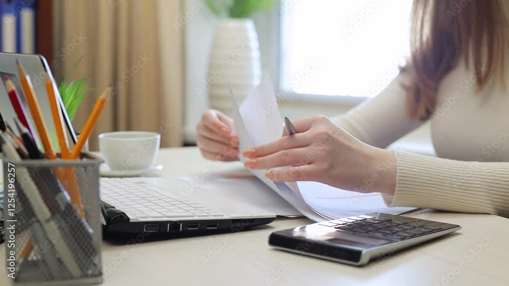 Office worker carefully examines paperwork, using a pen to point at specific sections while sitting at her desk with a laptop, calculator, and coffee nearby
Office worker carefully examines paperwork, using a pen to point at specific sections while sitting at her desk with a laptop, calculator, and coffee nearby