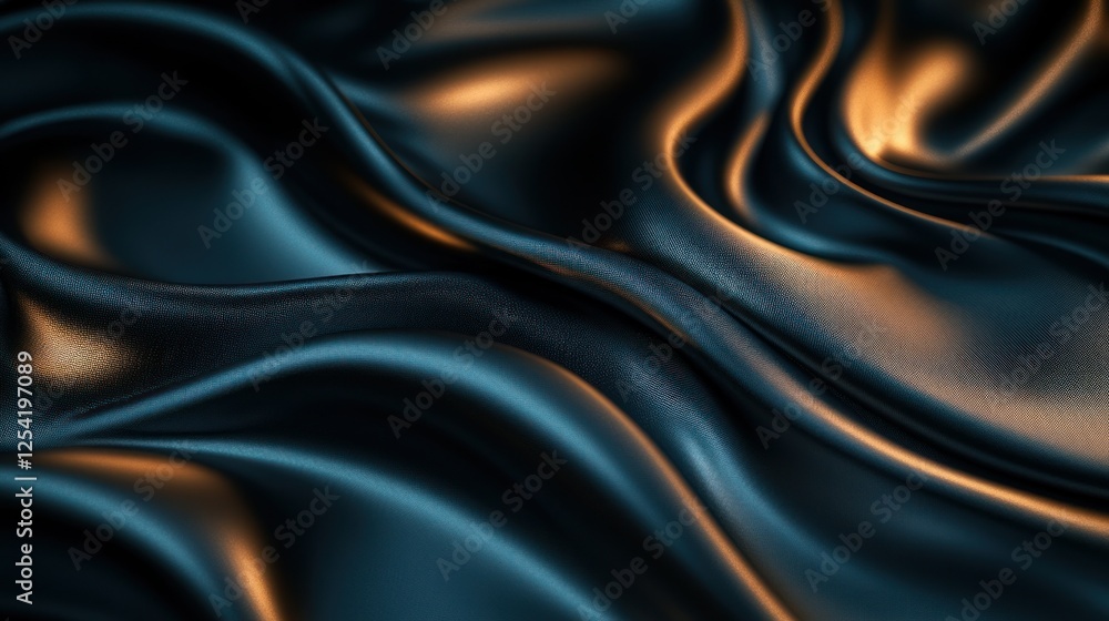 Fototapeta premium Dark blue silk draped texture, abstract background, luxurious material, possible use for fashion design