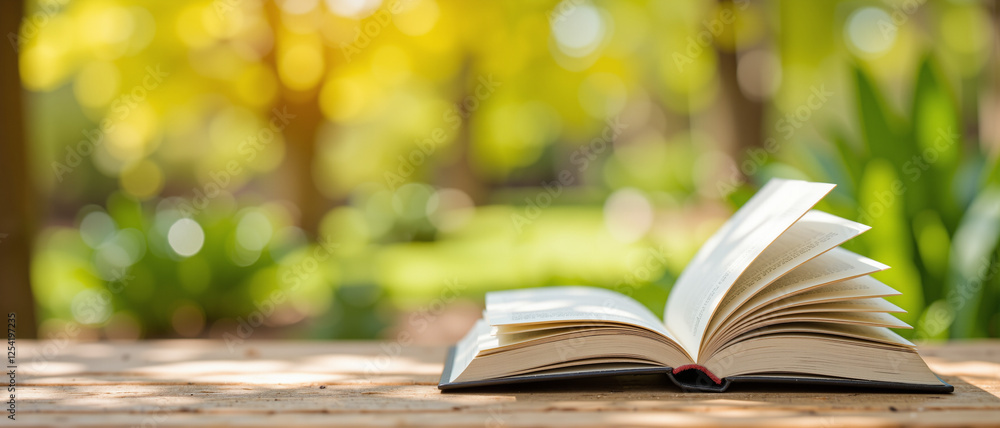 Open book resting on wooden table in a lush garden setting, bathed in warm golden light, symbolizing new beginnings and renewal during spring Open book resting on wooden table in a lush garden setting, bathed in warm golden light, symbolizing new beginnings and renewal during spring