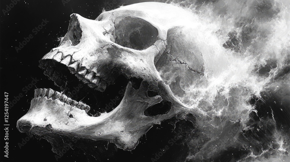 Obraz premium A dramatic depiction of a skull surrounded by swirling smoke, evoking themes of mortality.