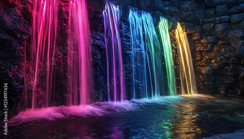 Neon-lit waterfalls, an artistic installation where waterfalls are illuminated with different colors neon lights, enhancing the natural flow and beauty.