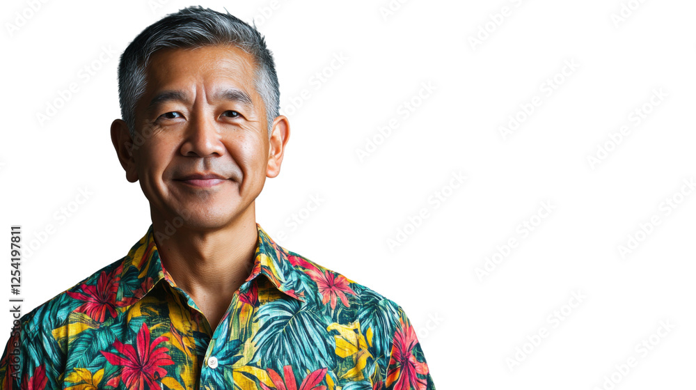 Smiling senior man wearing hawaiian shirt on transparent background Smiling senior man wearing hawaiian shirt on transparent background