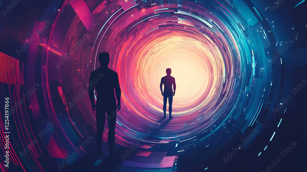 A silhouetted figure stands at the edge of a digital vortex, symbolizing the concept of virtual reality and technological advancement. Unraveled Dimensions. Illustration A silhouetted figure stands at the edge of a digital vortex, symbolizing the concept of virtual reality and technological advancement. Unraveled Dimensions. Illustration