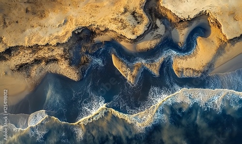 Aerial view of a coastal landscape with a beach, river, and ocean waves forming a textured pattern