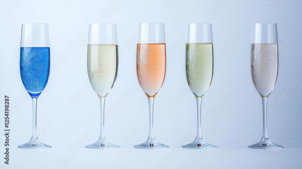 Five Champagne Flutes with Varied Colors on Light Blue Background Five Champagne Flutes with Varied Colors on Light Blue Background