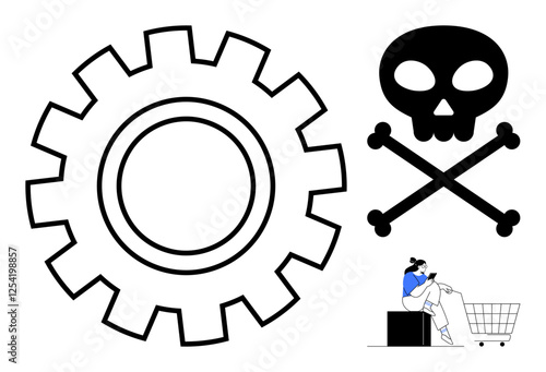 Large gear, skull and crossbones, and person with a shopping cart figure. Ideal for themes of industrial hazards, consumerism risks, mechanical danger, toxic industries, corporate threats, ethical