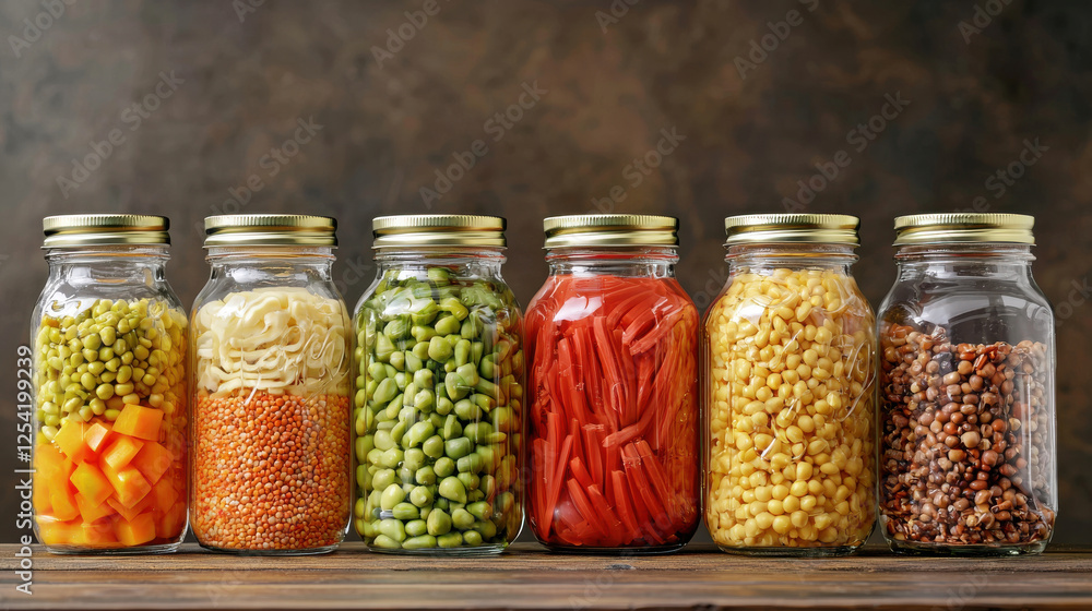 Preserved food jars filled with colorful vegetables and grains arranged neatly Preserved food jars filled with colorful vegetables and grains arranged neatly