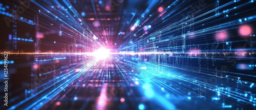 Digital data stream, futuristic tunnel, glowing background, tech concept