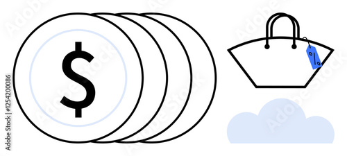 Stack of coins with dollar sign, shopping bag with price tag, and cloud combine to symbolize finance, online shopping, digital transactions. Ideal for e-commerce, fintech, cloud solutions, investment