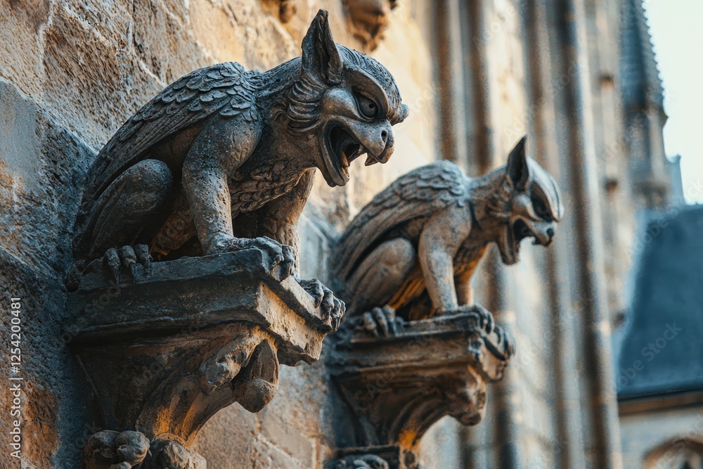Fototapeta premium Stone gargoyles decorating ancient gothic cathedral exterior.