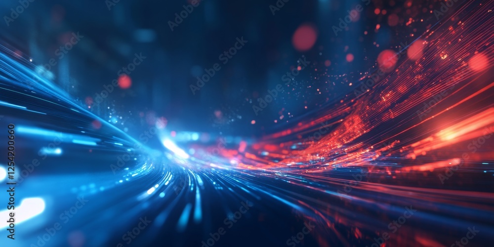 Naklejka premium Futuristic highway data flow, red blue lights, digital background, tech banner