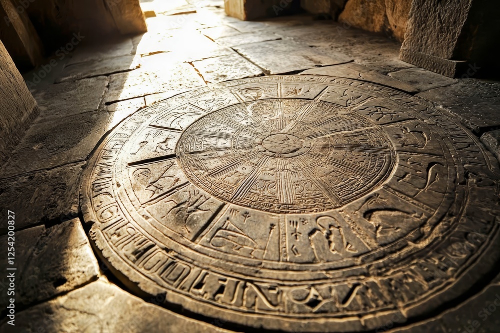 Zodiac wheel carved on ancient stone floor. Zodiac wheel carved on ancient stone floor.