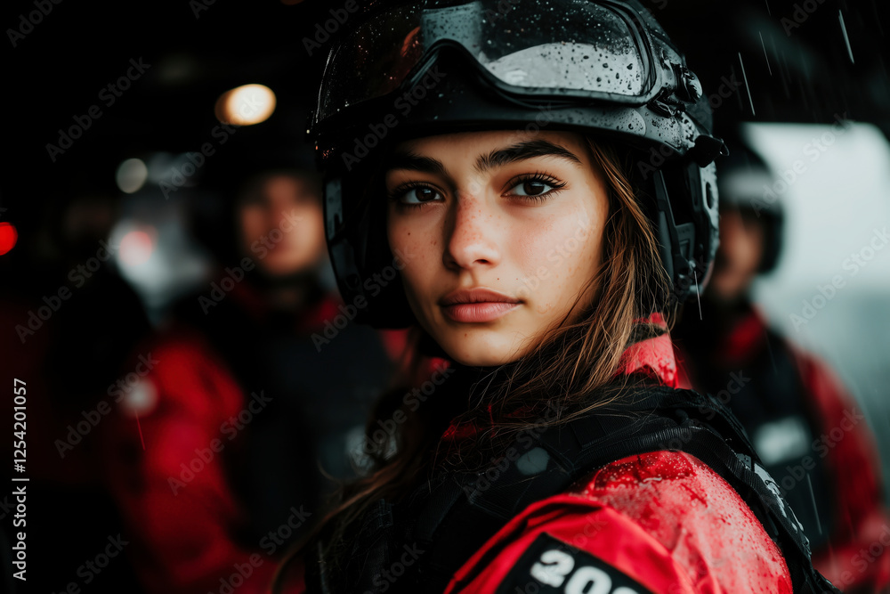 A female rescue worker in a red jacket and helmet, facing the camera with determination during a stormy ocean rescue mission. Her intense gaze and serious expression conveys the gravity of the situati A female rescue worker in a red jacket and helmet, facing the camera with determination during a stormy ocean rescue mission. Her intense gaze and serious expression conveys the gravity of the situati