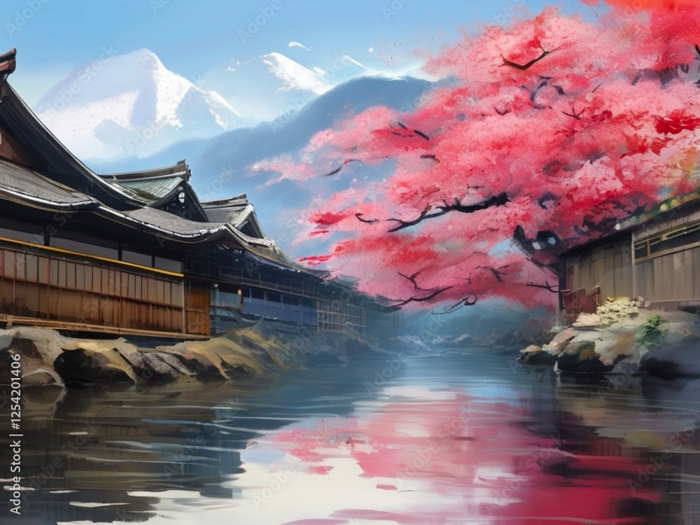 Obraz premium japanese cherry blossom sakura paint mont fuji