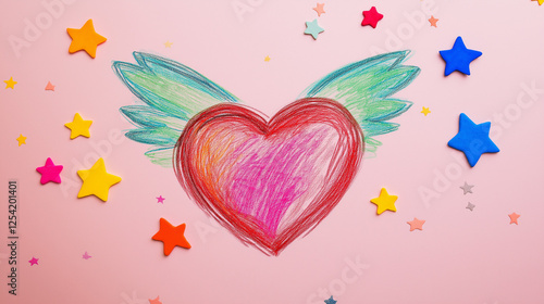 Hand-drawn heart with wings on a pink background decorated with colorful stars, Valentine's Day love and creativity concept.