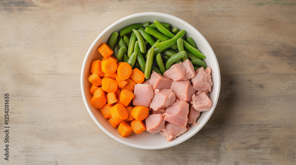 Raw dog food with fresh turkey, carrots, and green beans in a ceramic bowl on a rustic wooden surface, natural pet nutrition concept. Raw dog food with fresh turkey, carrots, and green beans in a ceramic bowl on a rustic wooden surface, natural pet nutrition concept.