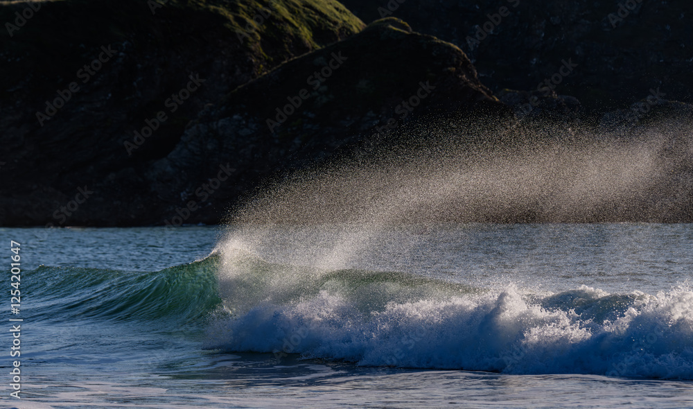 Fototapeta premium Écoussures d'une vague au bord de la mer près d'une côte rocheuse
