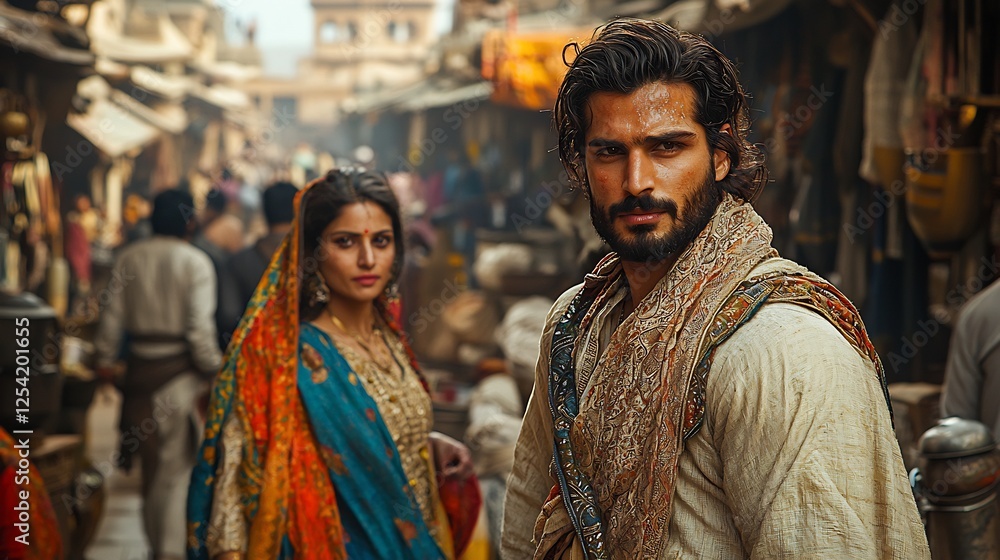 Fototapeta premium Scene bustling Indo Pak street man confidently walking through crowd a sherwani while a woman in a colorful saree stands at a distance the divide between masculine and feminine roles subtly depicted