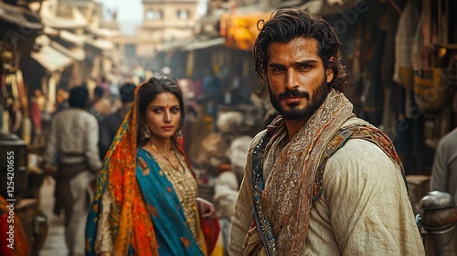 Scene bustling Indo Pak street man confidently walking through crowd a sherwani while a woman in a colorful saree stands at a distance the divide between masculine and feminine roles subtly depicted photo