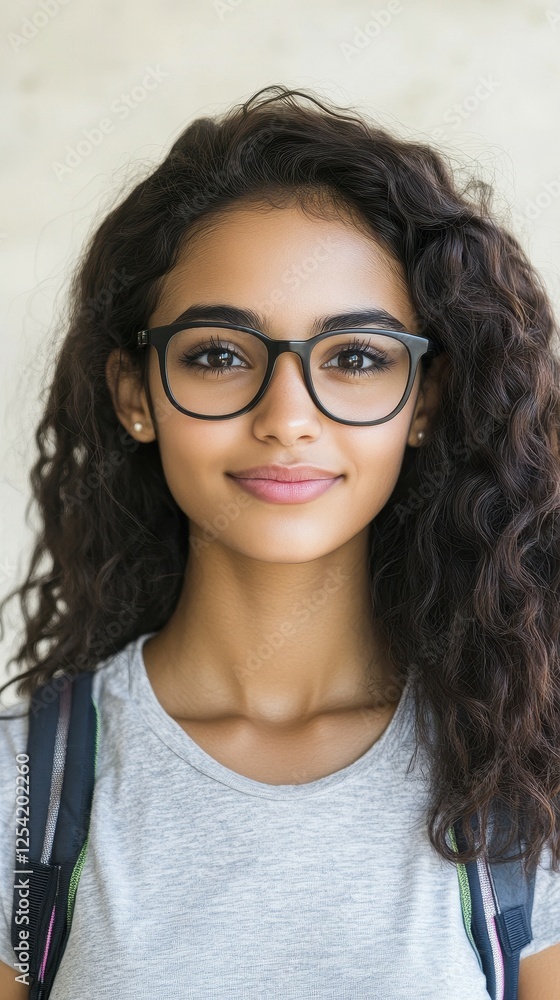 Obraz premium A young woman with long hair and glasses is smiling for the camera. She is wearing a gray shirt and a backpack