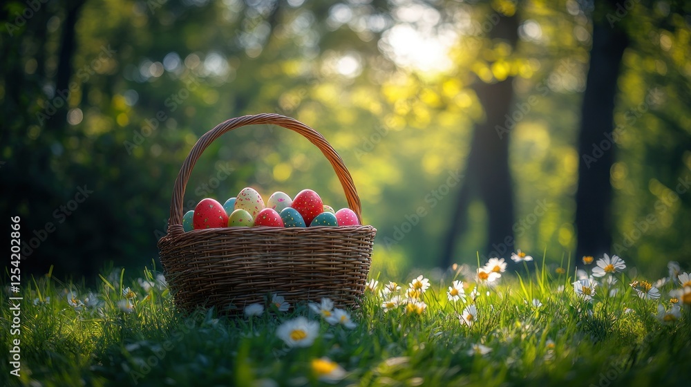 Easter eggs in basket, sunny forest clearing. Possible stock photo use for children's events Easter eggs in basket, sunny forest clearing. Possible stock photo use for children's events