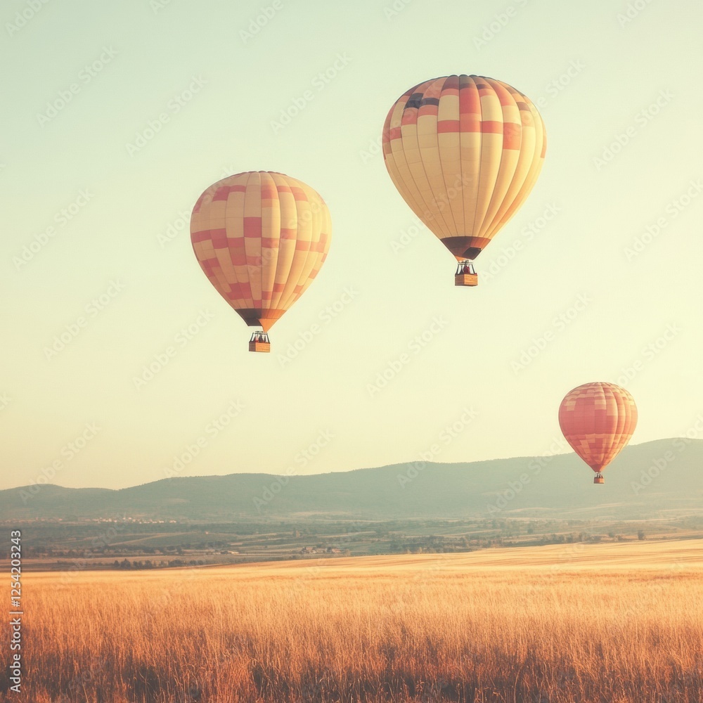 Naklejka premium Hot air balloons drift peacefully over a sprawling golden field at sunset. Generative AI