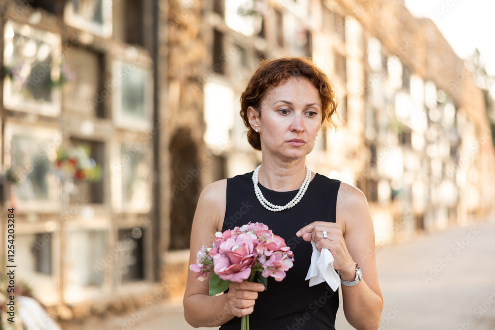 Fototapeta premium Elegant grieving woman in forties, wearing formal black dress and pearls, standing with bouquet in hands near stone columbarium wall in cemetery, gazing sorrowfully and contemplating loss