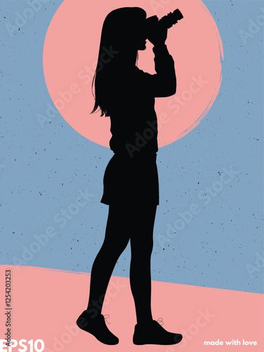 Woman with camera silhouette. Vector abstract graphic background