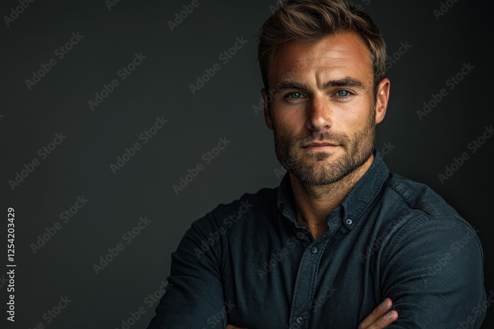 Man standing with crossed arms, making direct eye contact. Man standing with crossed arms, making direct eye contact.