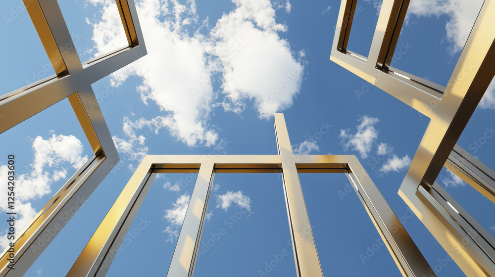 unique architectural framework against bright blue sky with clouds